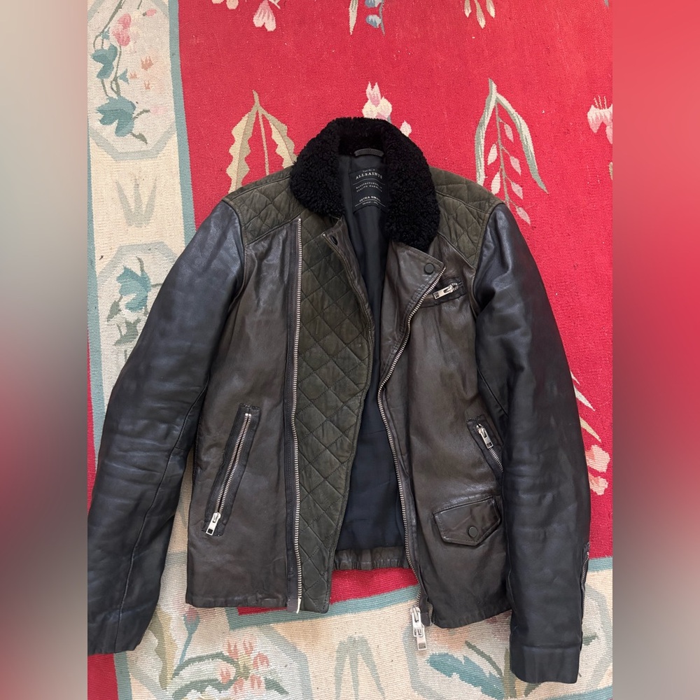 ALL SAINTS Black Leather Shearling Quilted  Biker Jacket XS - Rare find